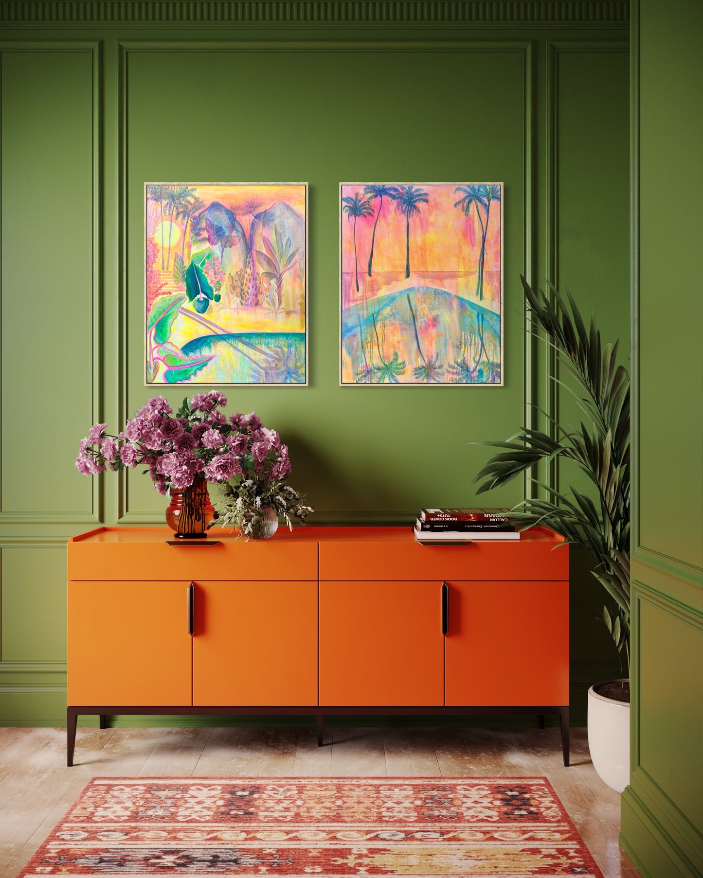 Botanical print set by Kathryn Sillince featuring 'Twilight Tropics' and 'Swaying Into Sunset' artwork with vibrant tropical foliage.