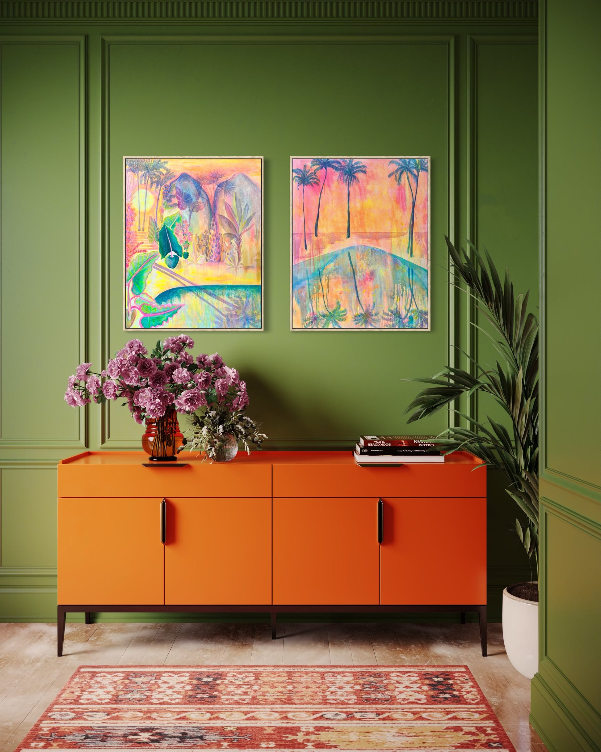 Botanical print set by Kathryn Sillince featuring 'Twilight Tropics' and 'Swaying Into Sunset' artwork with vibrant tropical foliage.