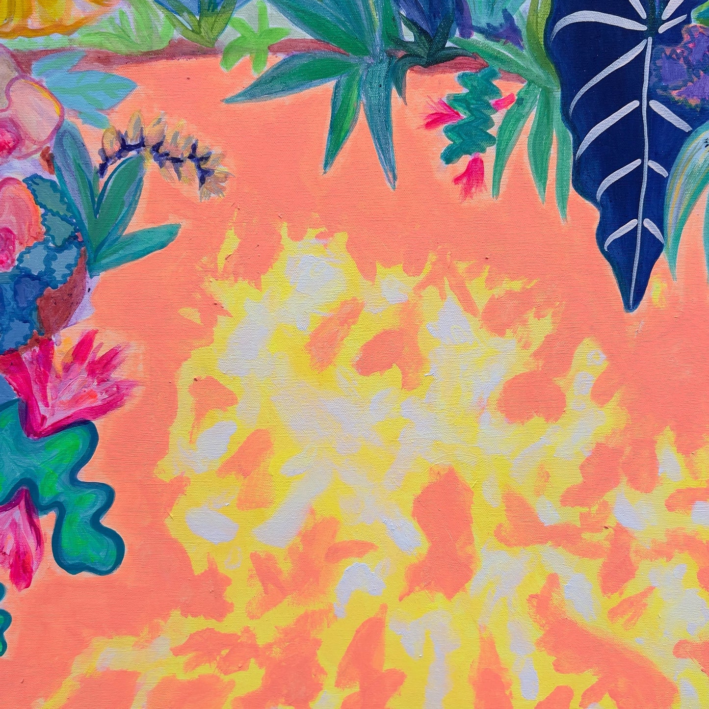 Colorful floral artwork from Kathryn Sillince Artist titled Paradise Gardens, 122cm x 122cm, featuring vibrant garden scene.