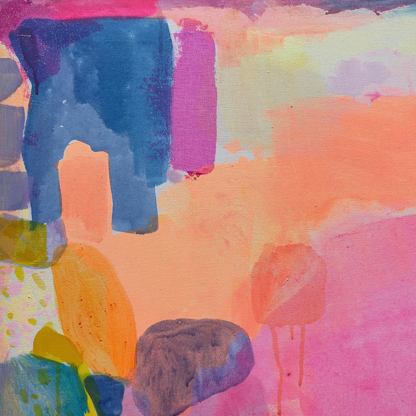 Close-up of "A Beautiful Demeanour" artwork by Kathryn Sillince, showing vibrant colors and detailed brushstrokes on 92cm by 92cm canvas.