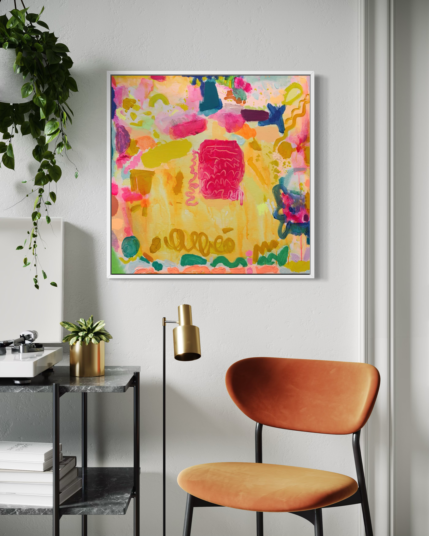 Colorful Kathryn Sillince Artist 'Sweeties' 61cm x 61cm abstract print on canvas showing vibrant shapes and playful design.