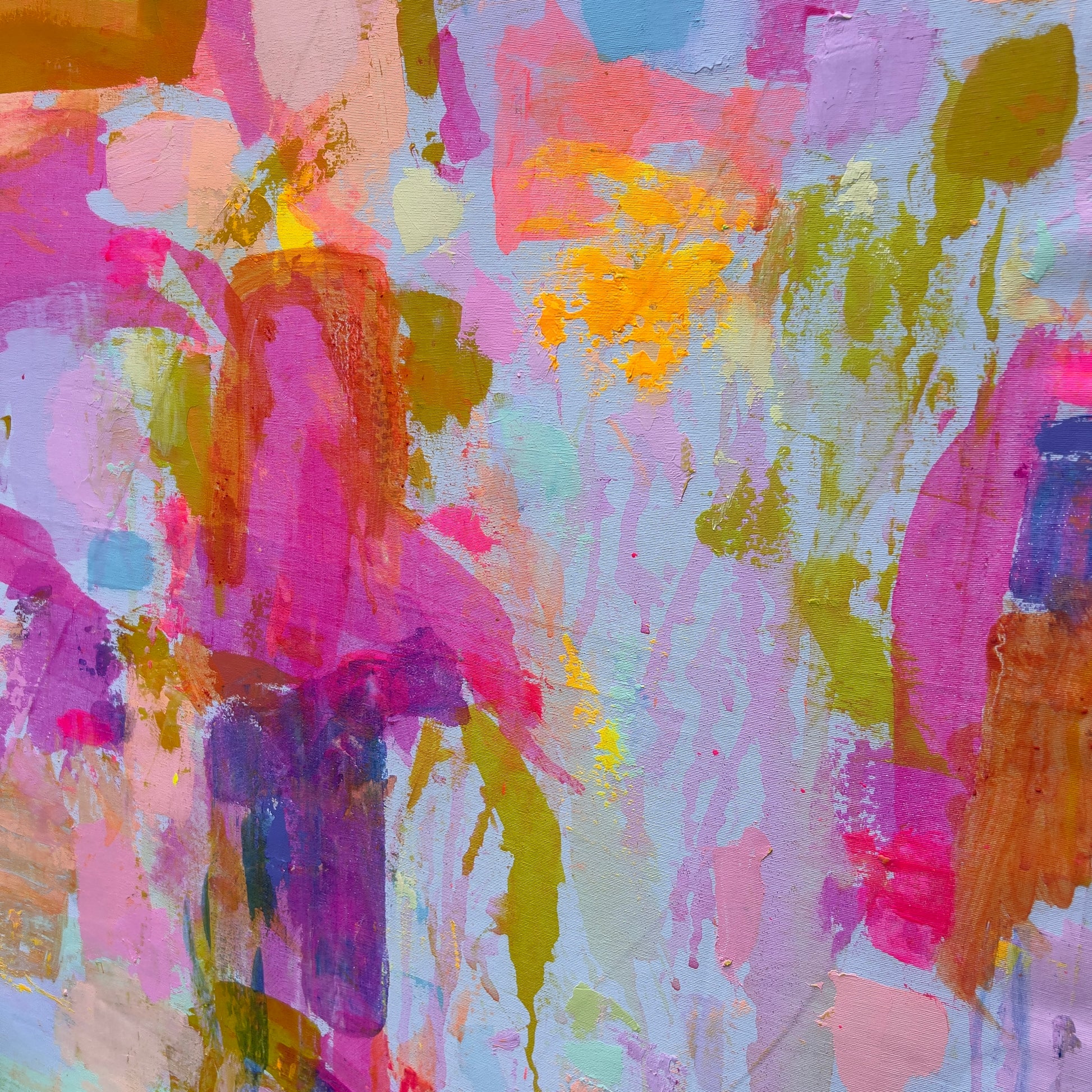 Colorful abstract artwork titled "Everyday Happiness" by Kathryn Sillince, measuring 153cm x 103cm.