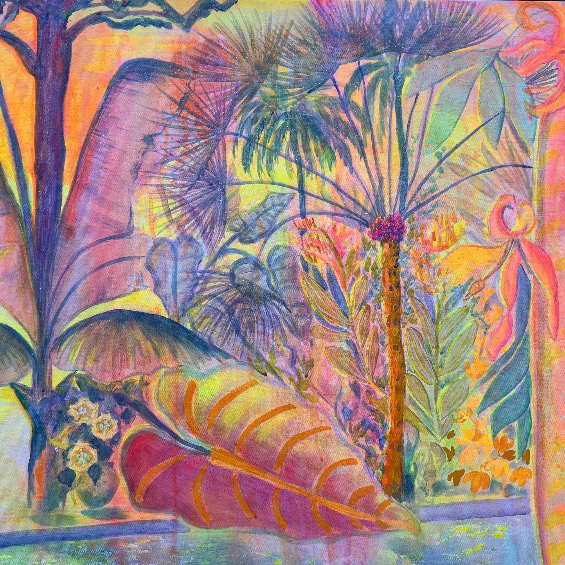 Iridescent Skies paper print by Kathryn Sillince Artist features a tranquil poolside scene with shimmering, colorful skies.