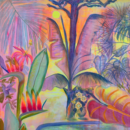 Iridescent Skies paper print by Kathryn Sillince, featuring a tranquil poolside scene with shimmering, colorful sky reflections.