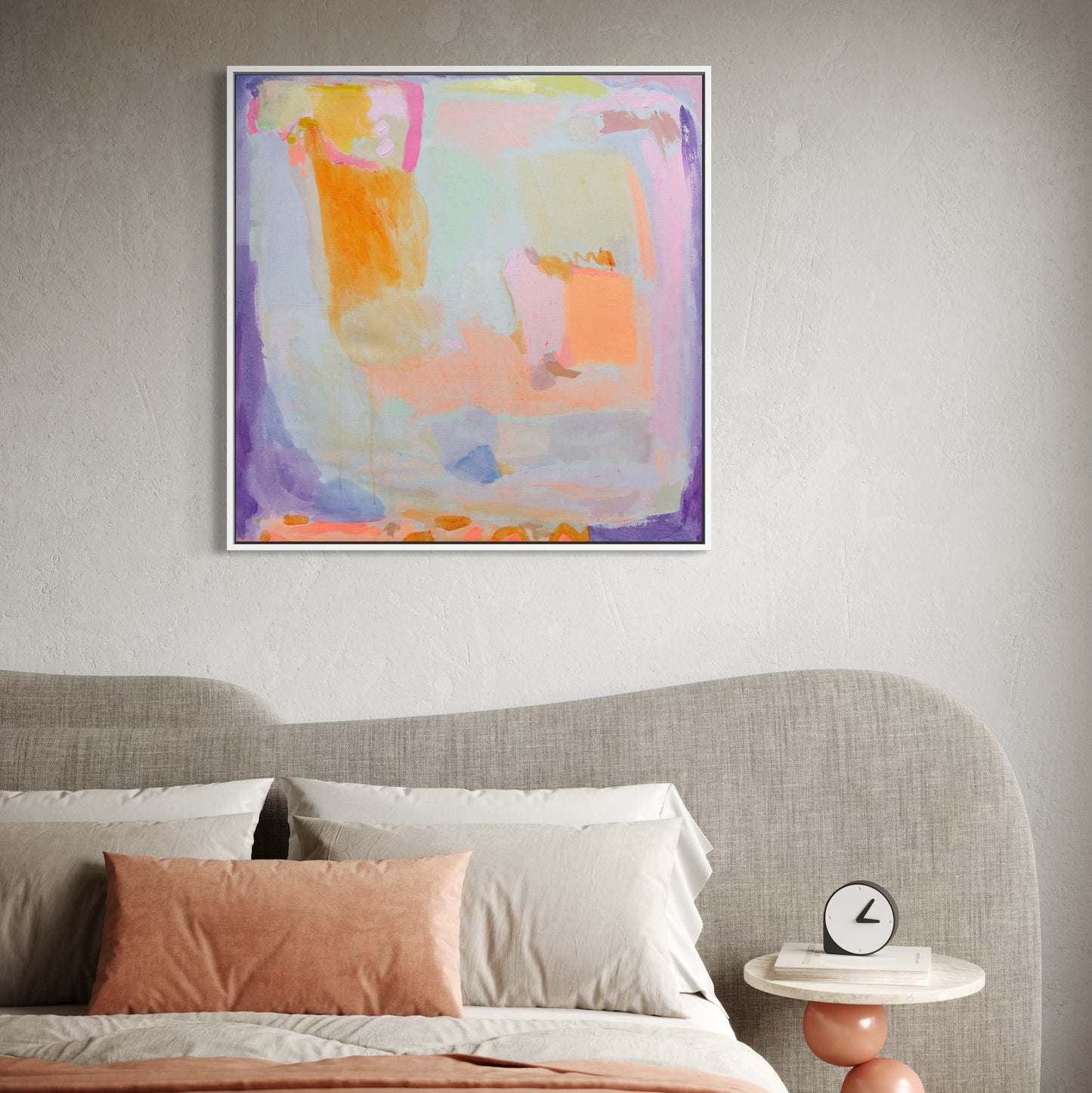 Colorful abstract artwork by Kathryn Sillince Artist titled Orange And Purple Haze, featuring vibrant orange and purple hues in a 92cm square.