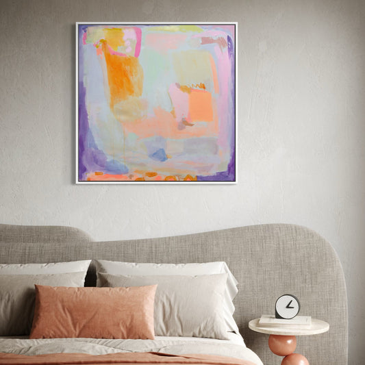 Colorful abstract artwork by Kathryn Sillince Artist titled Orange And Purple Haze, featuring vibrant orange and purple hues in a 92cm square.