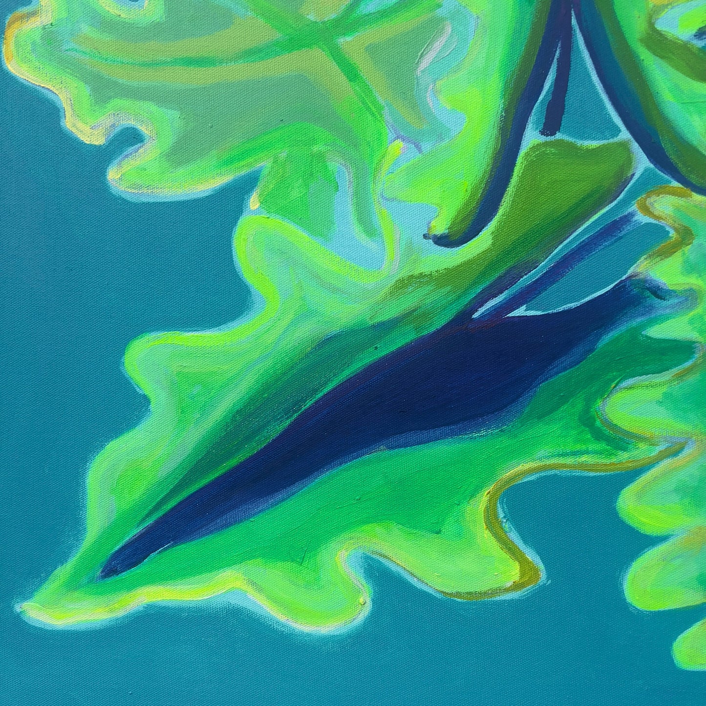 Alocasia study artwork featuring turquoise and emerald leaves by Kathryn Sillince, measuring 66cm by 71cm.