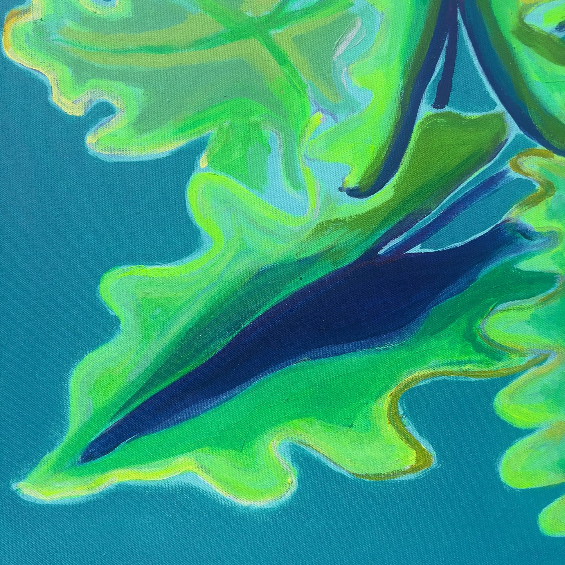 Alocasia study artwork featuring turquoise and emerald leaves by Kathryn Sillince, measuring 66cm by 71cm.