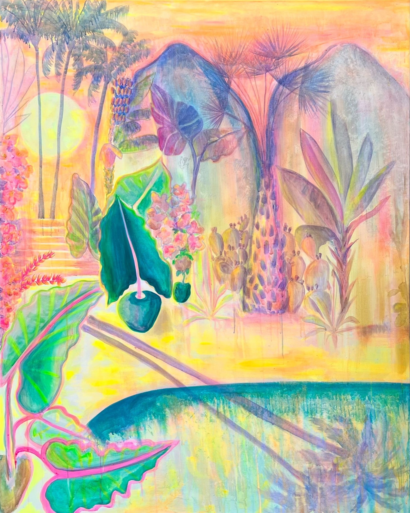 Colorful paper print of a tropical twilight scene by Kathryn Sillince Artist, featuring vibrant sunset hues and lush foliage.