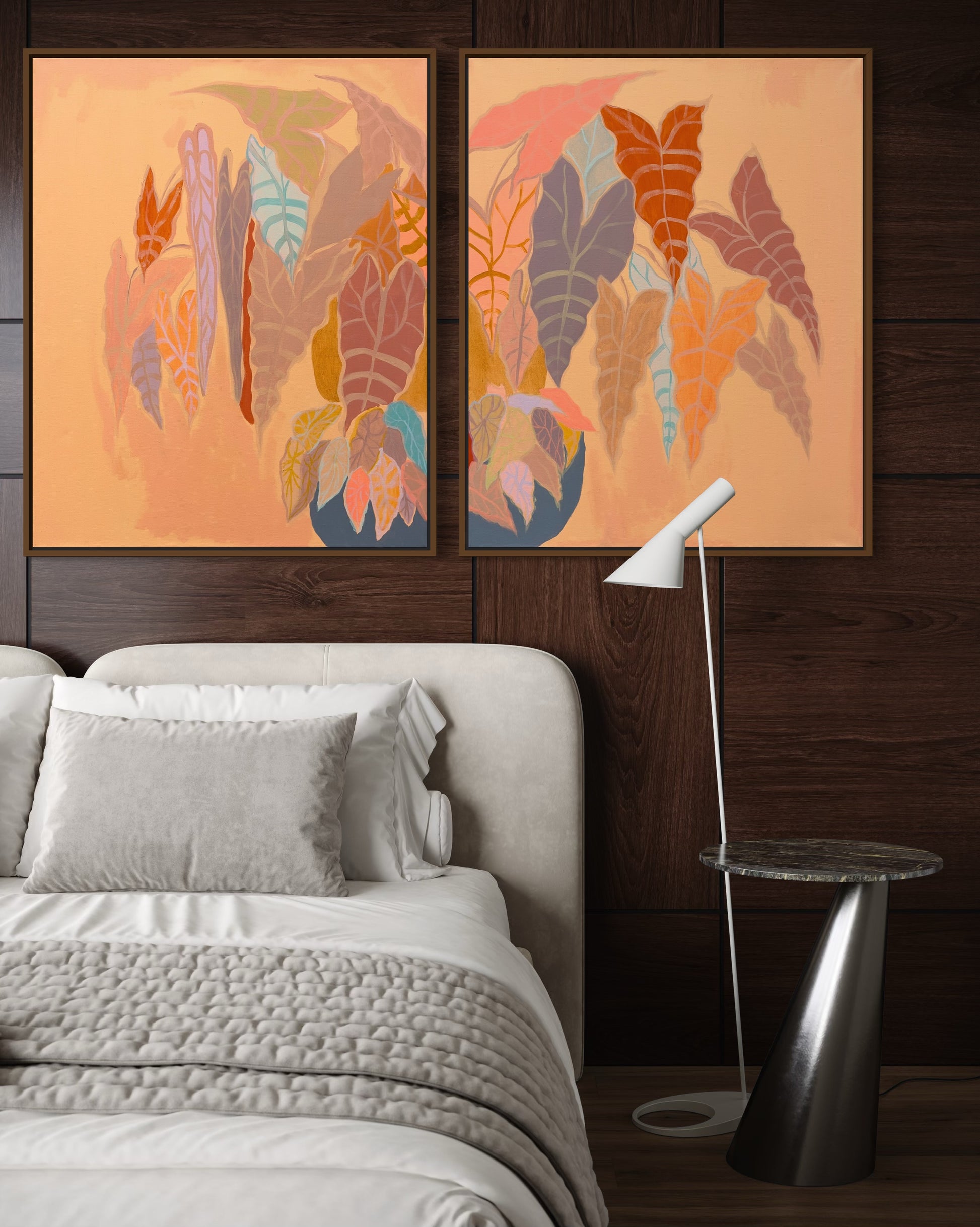 Burnt coral Alocasia and Begonia diptych artwork by Kathryn Sillince, 83cm x 67cm, featuring vibrant botanical illustrations.