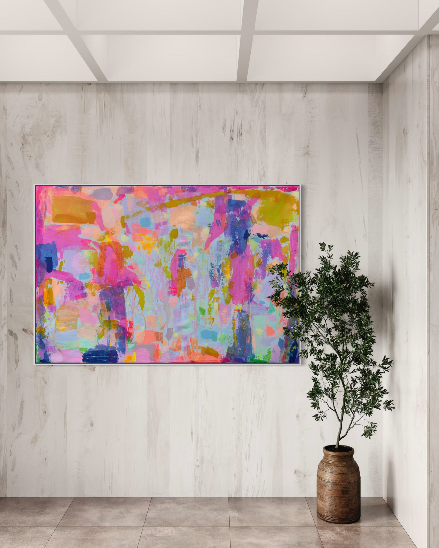 Colorful abstract artwork titled 'Everyday Happiness' by Kathryn Sillince, measuring 153cm by 103cm, with vibrant brushstrokes.