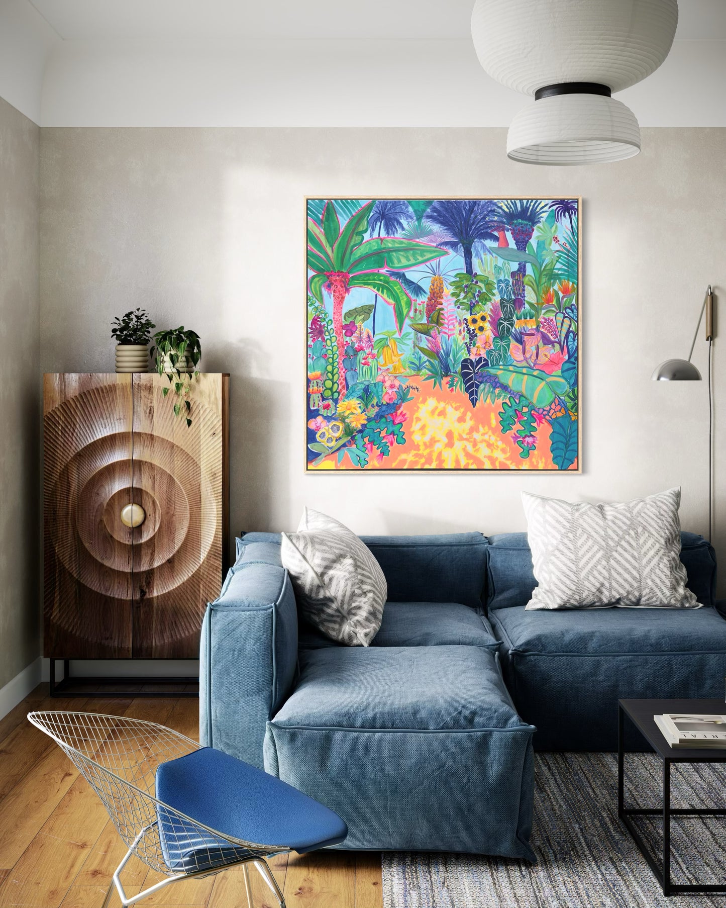 Kathryn Sillince Artist Paradise Gardens artwork, 122cm x 122cm, vibrant floral painting with lush garden scene
