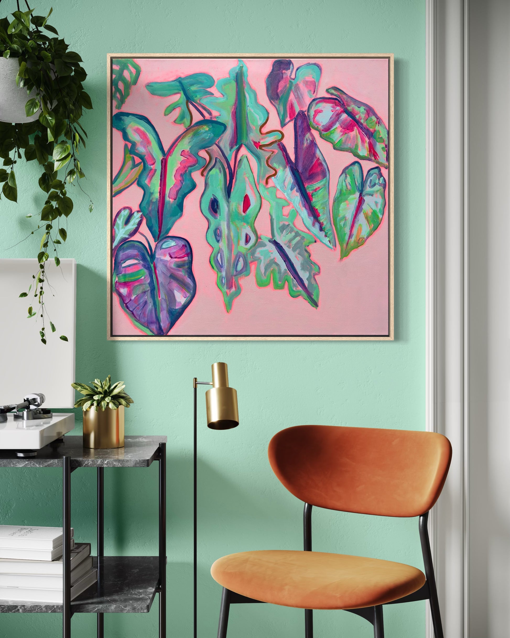 Alocasia Study III artwork by Kathryn Sillince, 82cm x 82cm, featuring vibrant botanical illustrations on textured paper.
