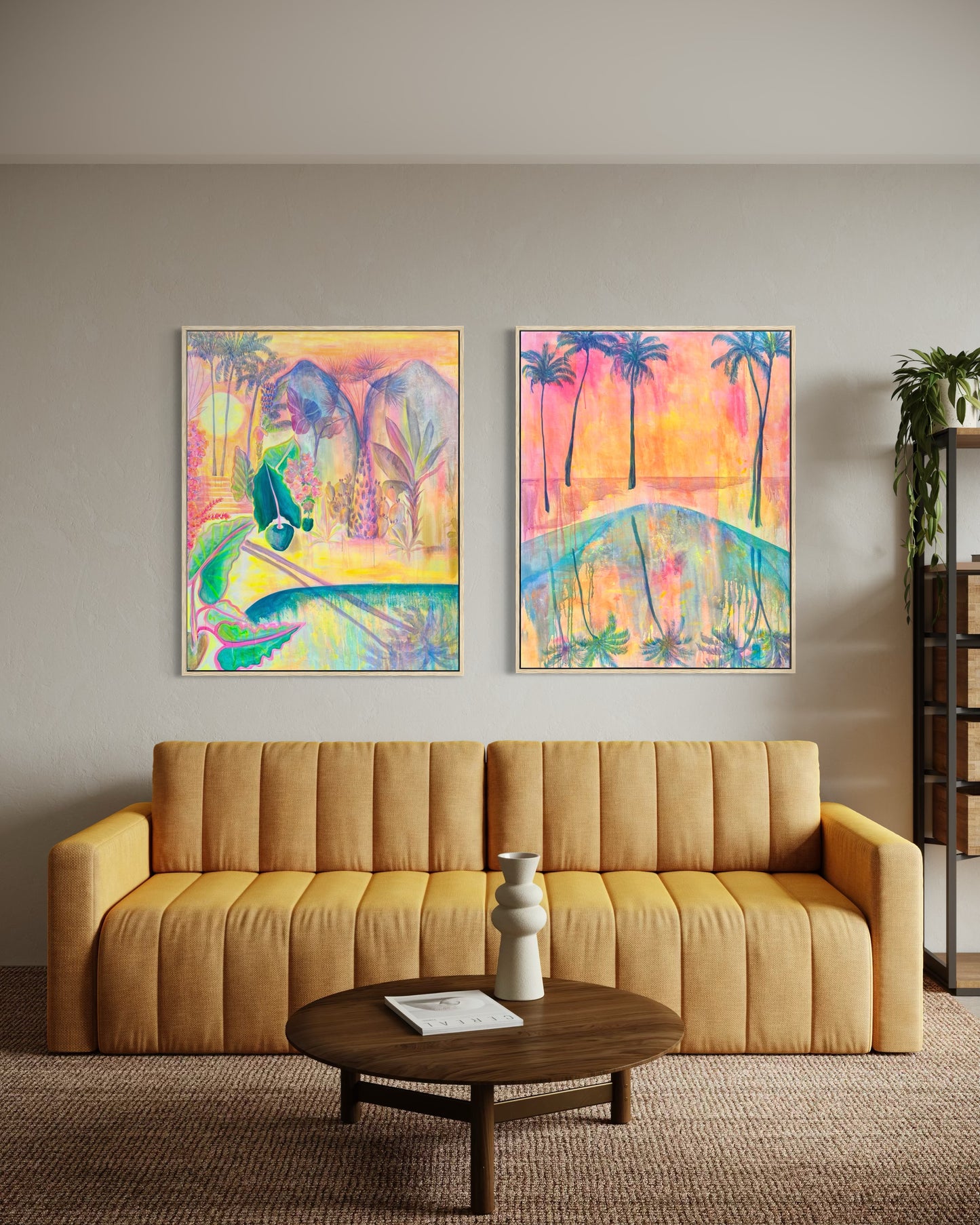 Botanical print set featuring 'Twilight Tropics' and 'Swaying Into Sunset' by Kathryn Sillince Artist, showcasing vibrant tropical foliage artwork.