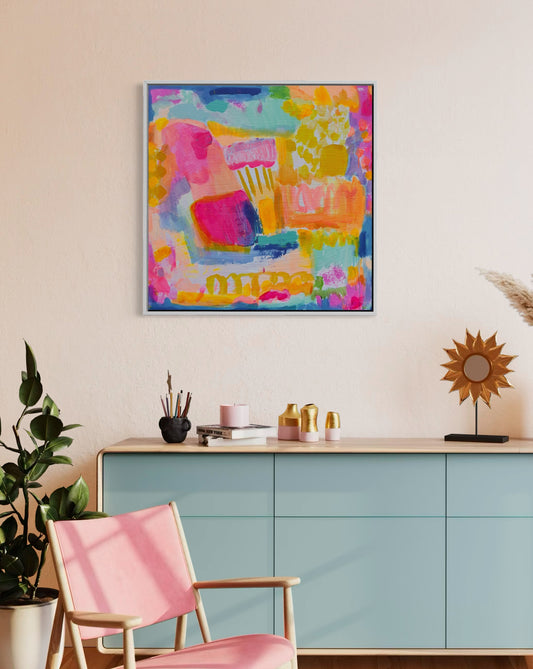 Kathryn Sillince Artist's 'Zenith of Summer' 80cm x 80cm abstract painting featuring vibrant colors and textured brushstrokes.