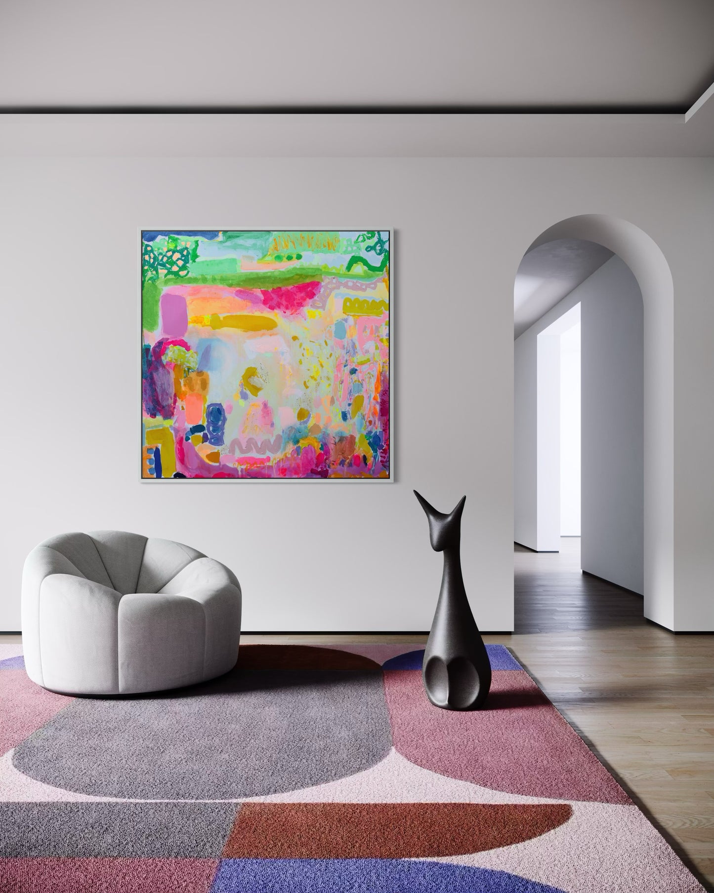 Colorful abstract art print titled "The Time Of Our Lives" by Kathryn Sillince, measuring 122cm x 122cm, with vibrant brushstrokes.