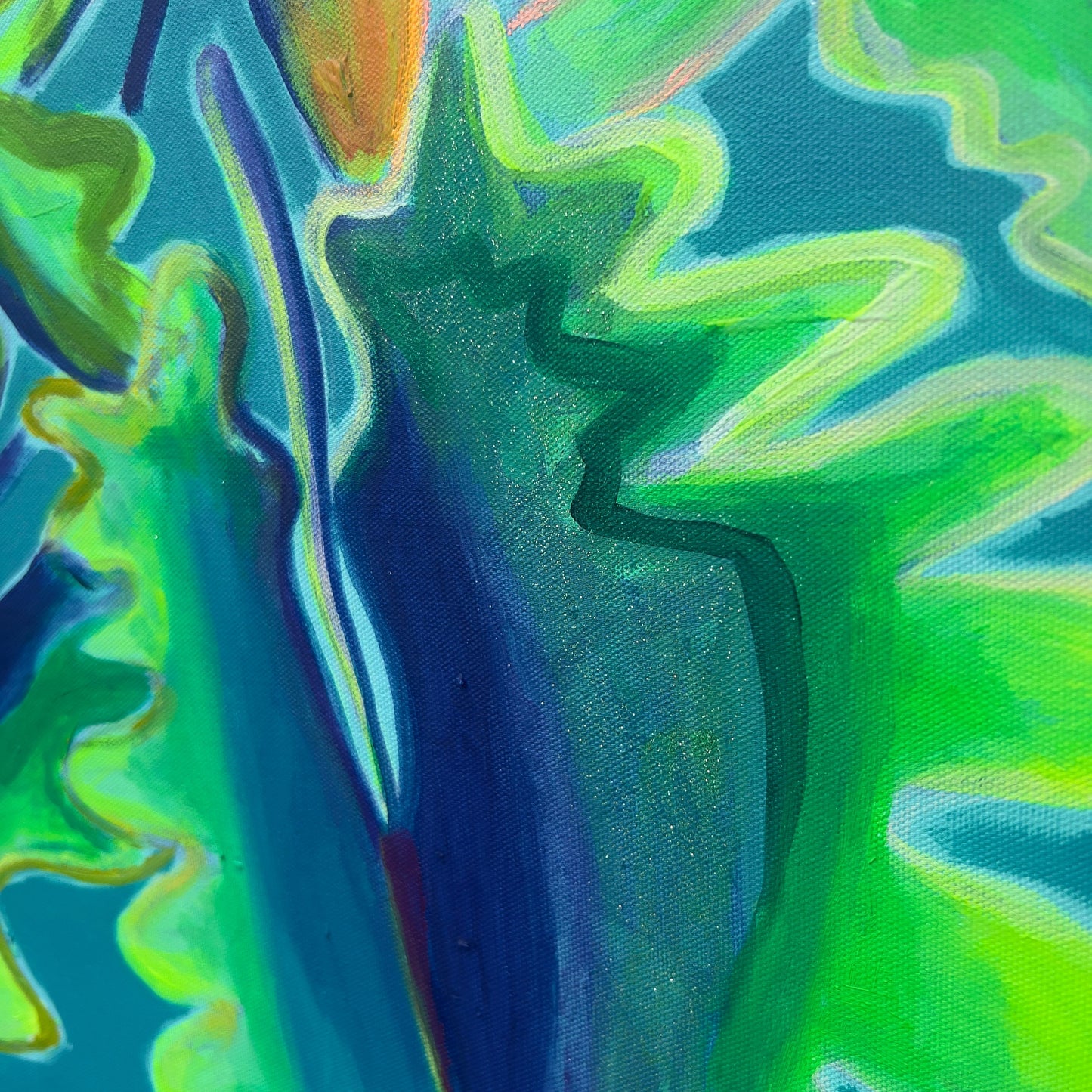 Turquoise and emerald Alocasia study by Kathryn Sillince, 66cm x 71cm, showcasing detailed botanical artwork of lush leaves.