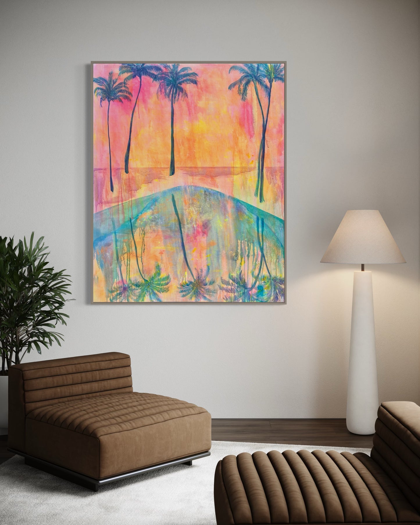 Canvas print titled "Swaying Into Sunset" by Printumo featuring a vibrant sunset scene with trees on a textured canvas.