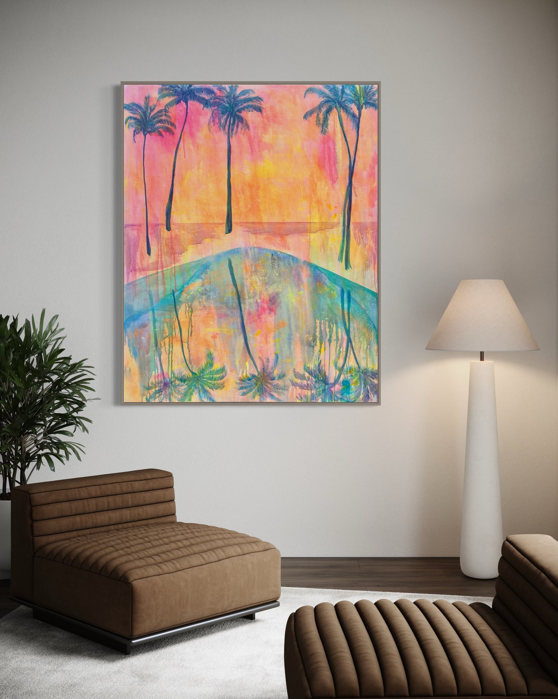 Canvas print titled "Swaying Into Sunset" by Printumo featuring a vibrant sunset scene with trees on a textured canvas.