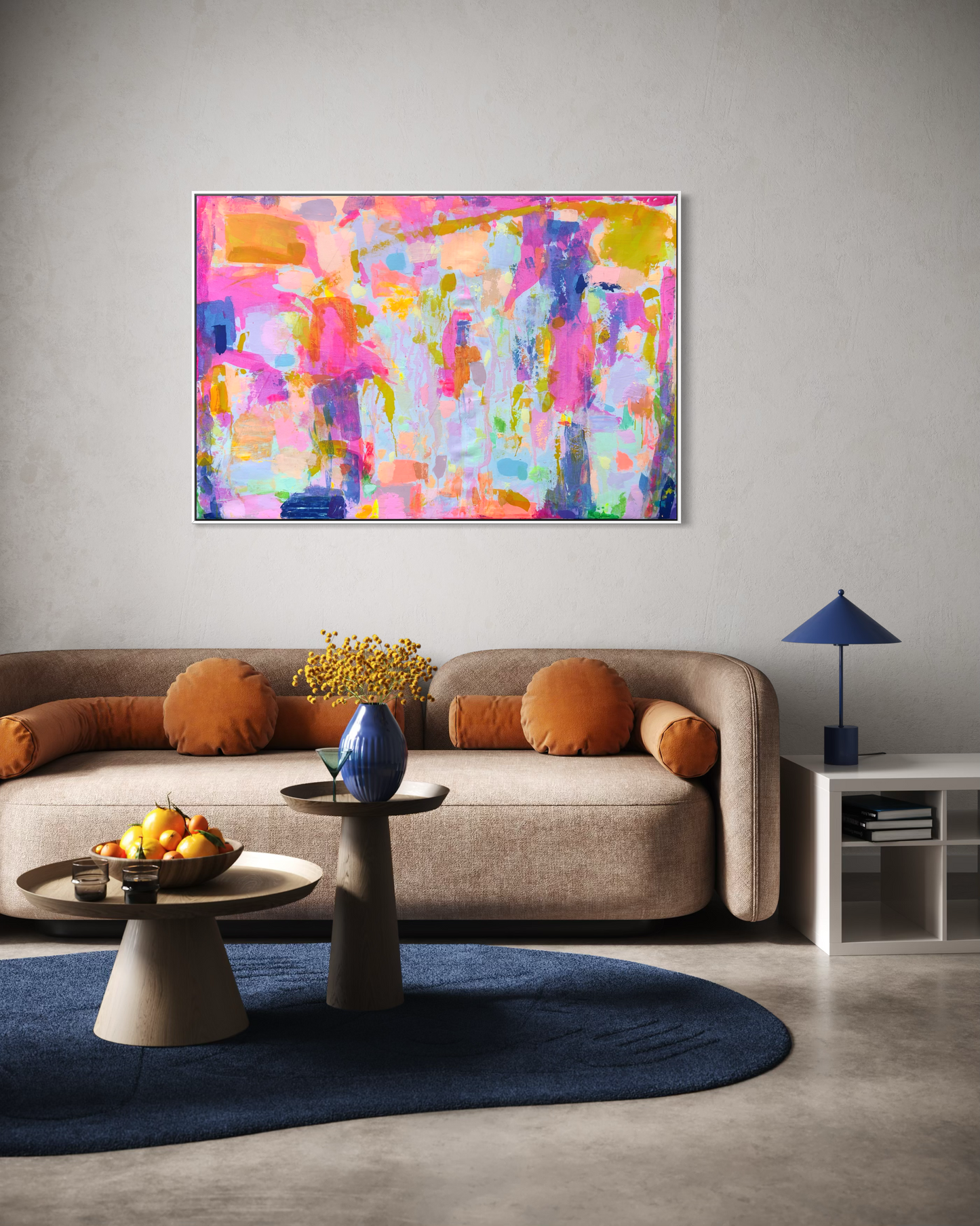 Colorful abstract artwork titled "Everyday Happiness" by Kathryn Sillince, measuring 153cm by 103cm, displayed on a wall.