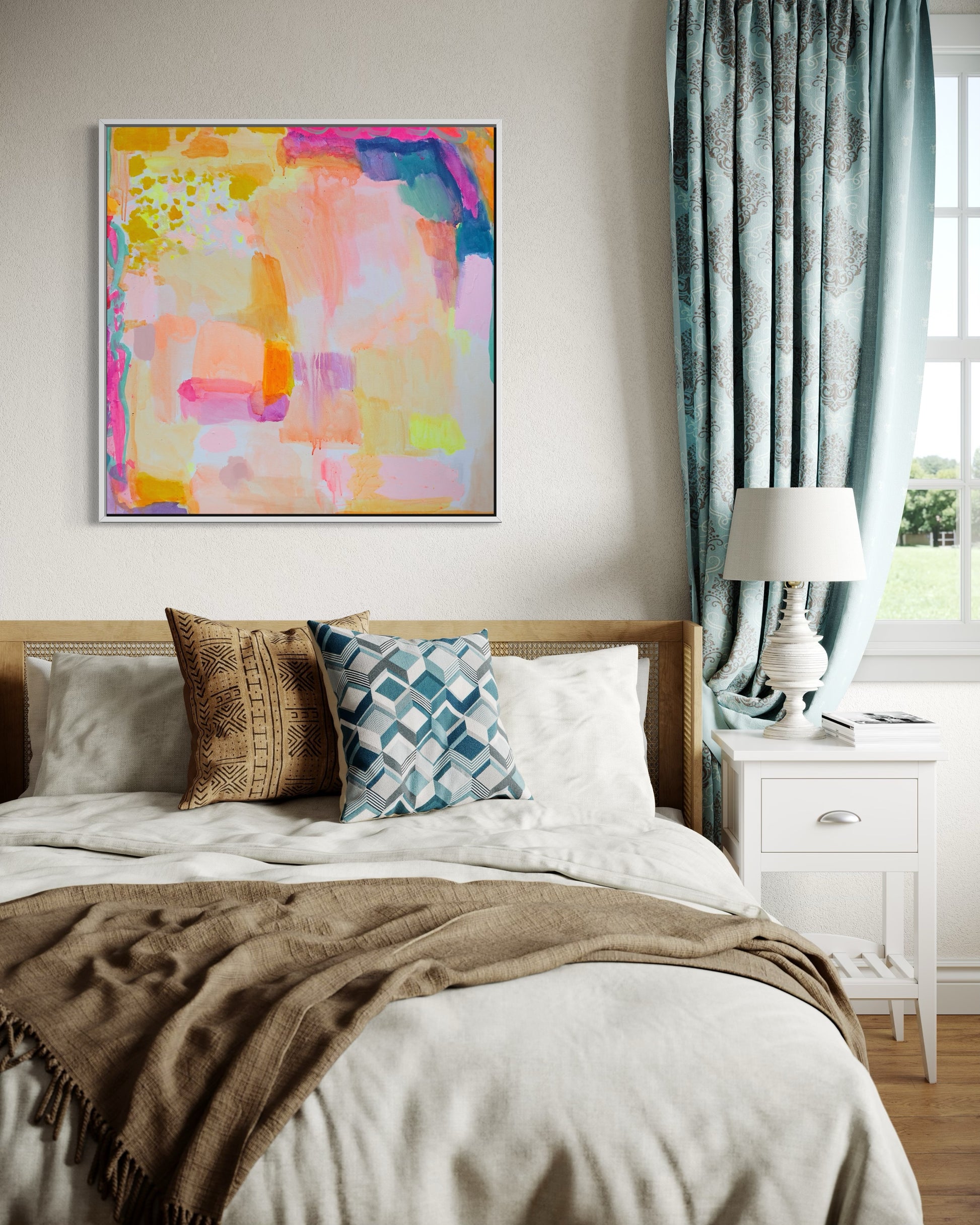 Decorative 90cm x 90cm artwork by Kathryn Sillince Artist titled "So Many Things To Look Forward To" with vibrant colors and abstract design.