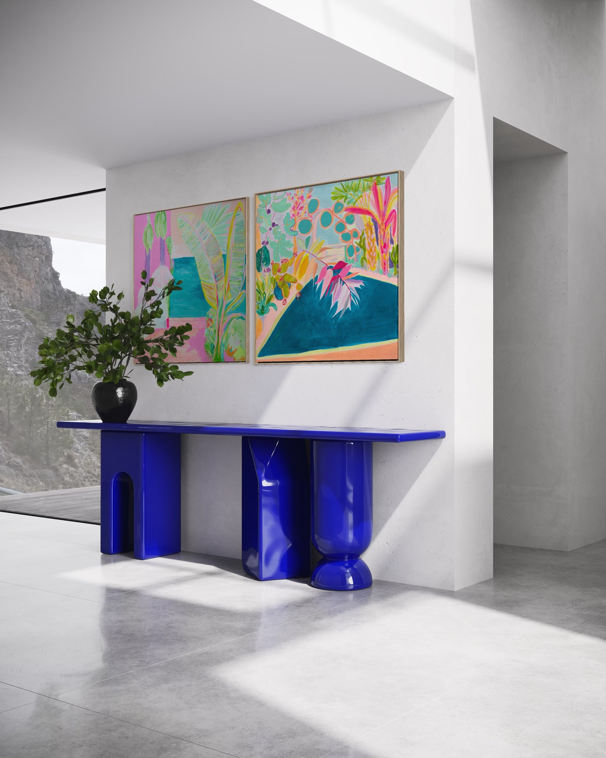 Botanical print set by Kathryn Sillince featuring "Endless Summer By The Pool" and "Vacation Anticipation" artwork.