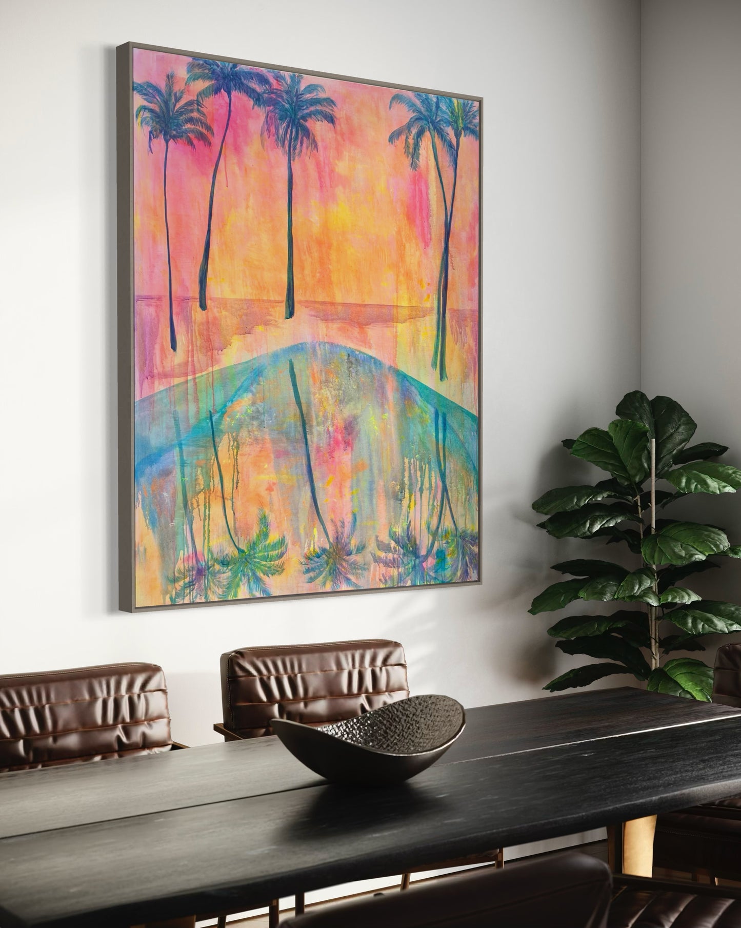 Two botanical print artworks by Kathryn Sillince featuring tropical sunset and sunset-inspired plant illustrations.