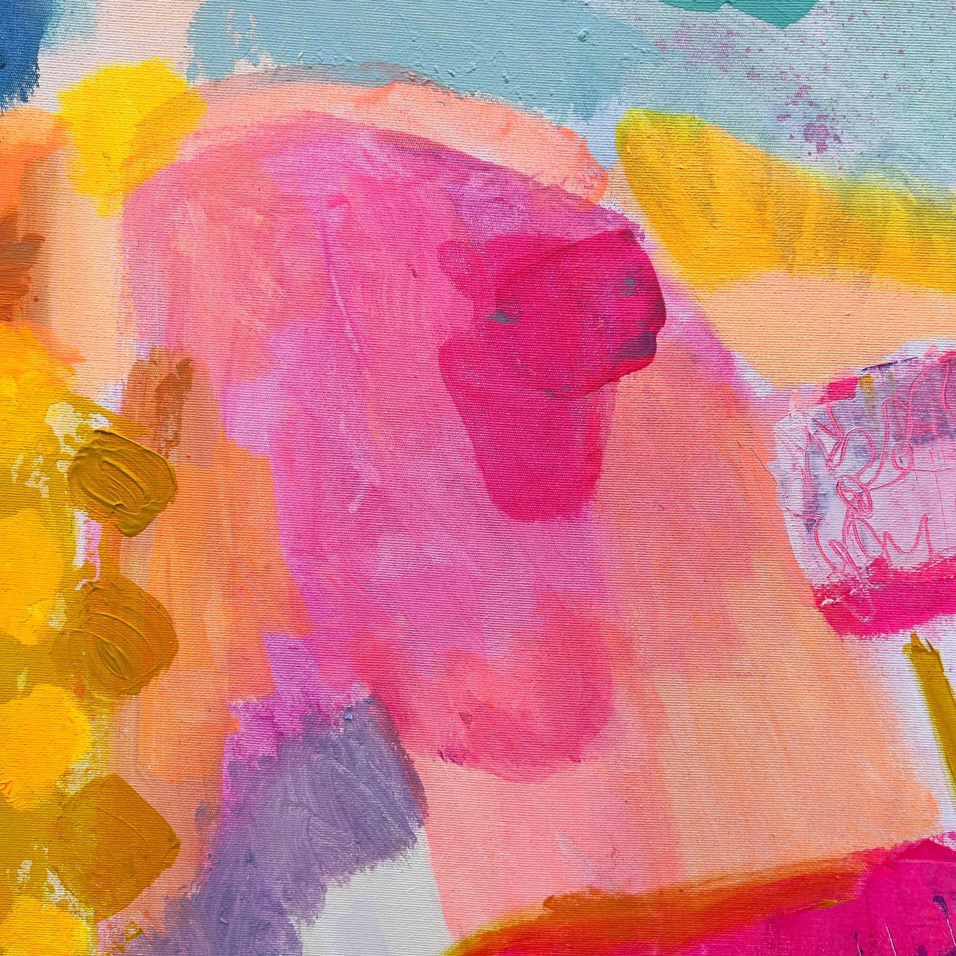 Kathryn Sillince Artist's 'Zenith of Summer' 80cm x 80cm abstract artwork with vibrant, swirling colors and textured brushstrokes.