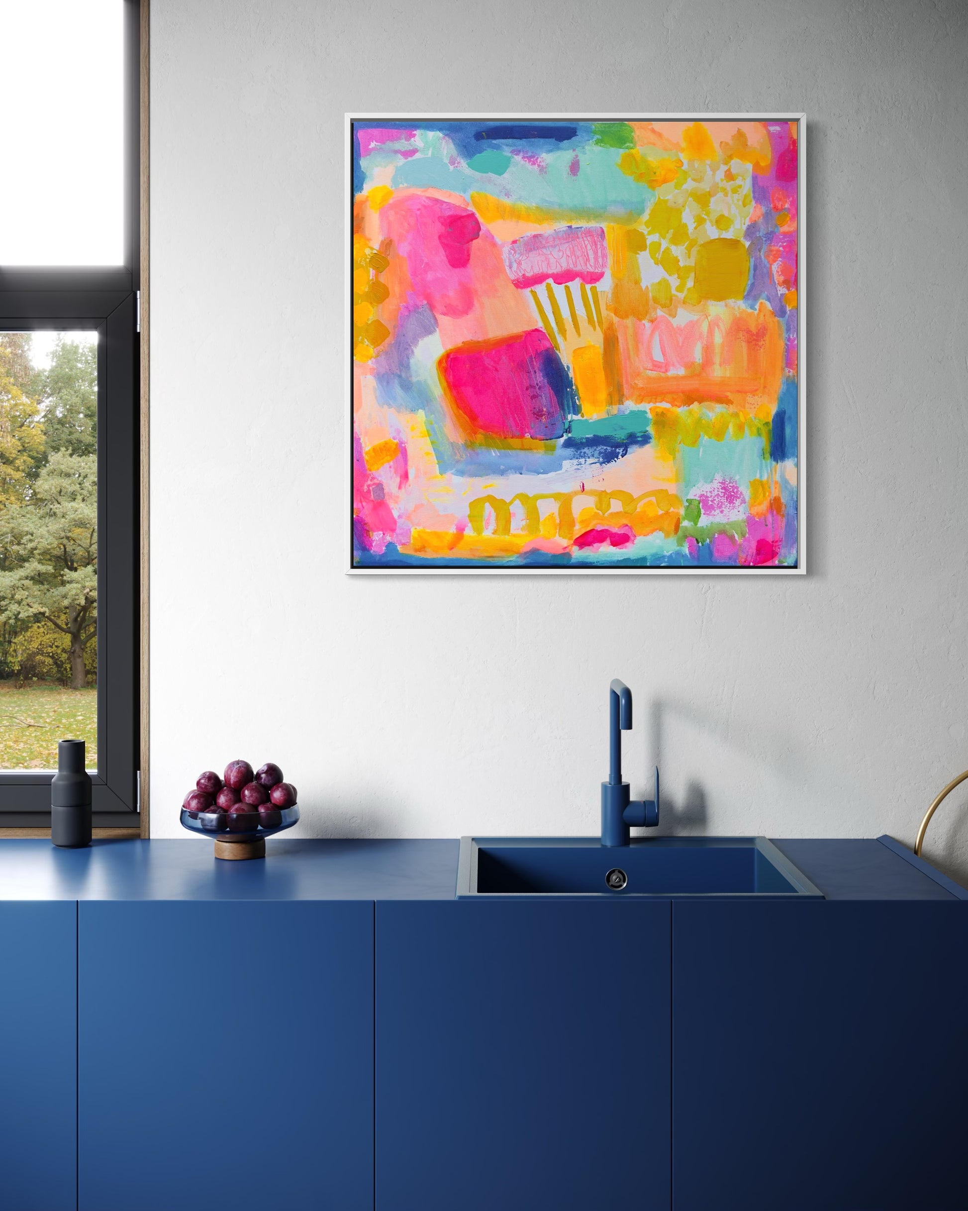 Bright, colorful abstract artwork titled "Zenith of Summer" by Kathryn Sillince, 80cm x 80cm, featuring vibrant brushstrokes and lively hues.