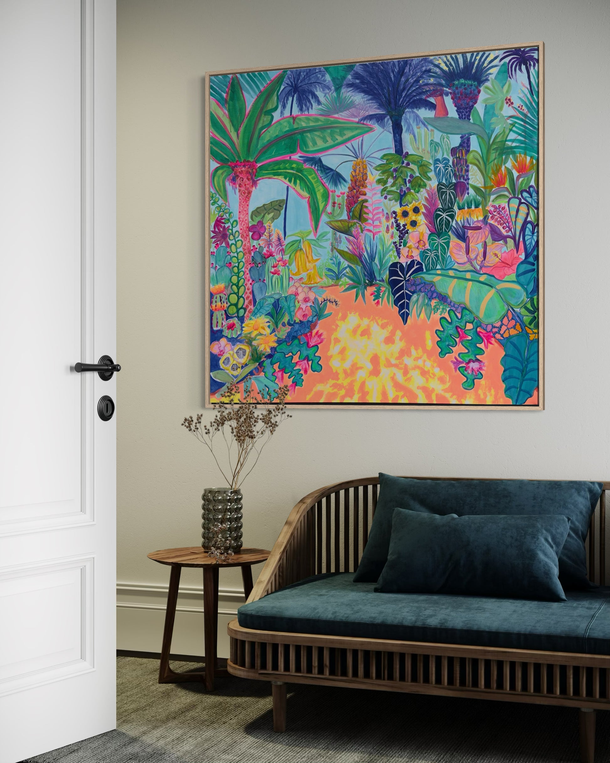 Colorful floral garden painting by Kathryn Sillince, 122cm x 122cm, featuring vibrant flowers and lush greenery.