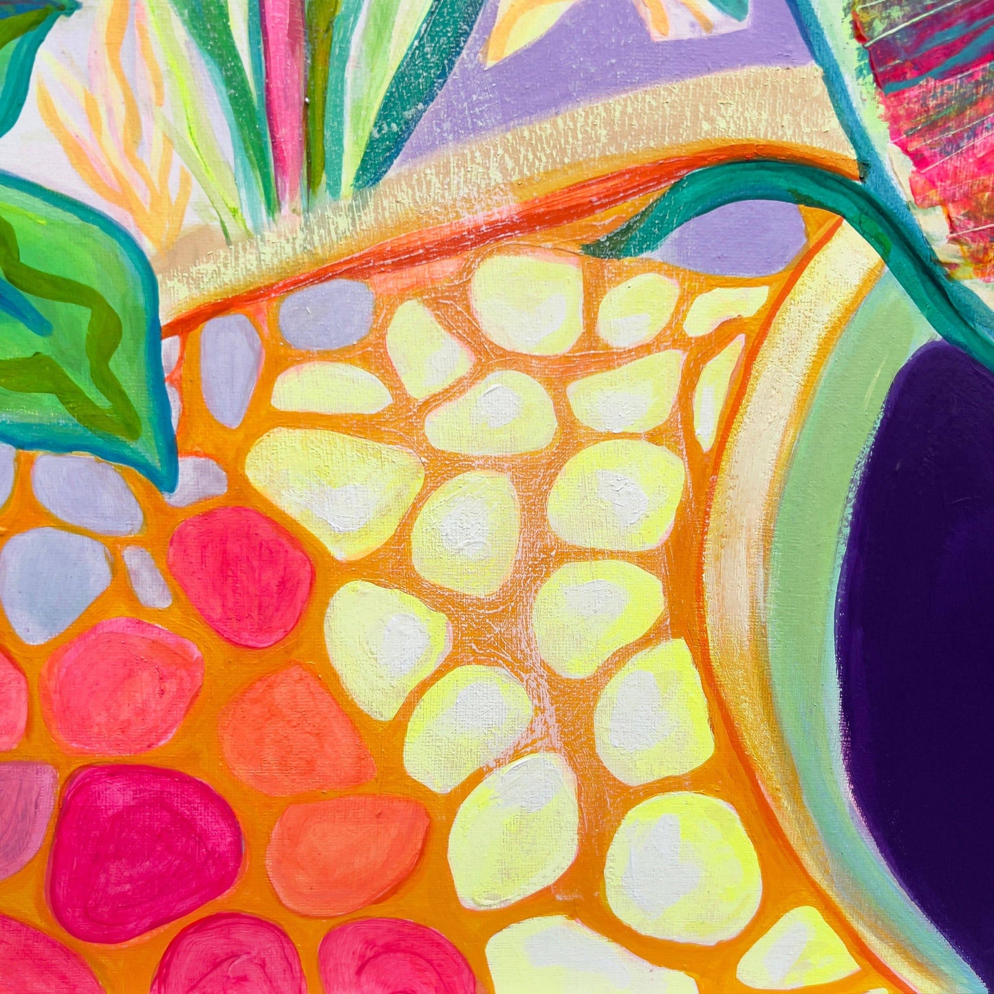 Abstract botanical painting with vibrant orange, yellow, pink, green shapes by Kathryn Sillince
