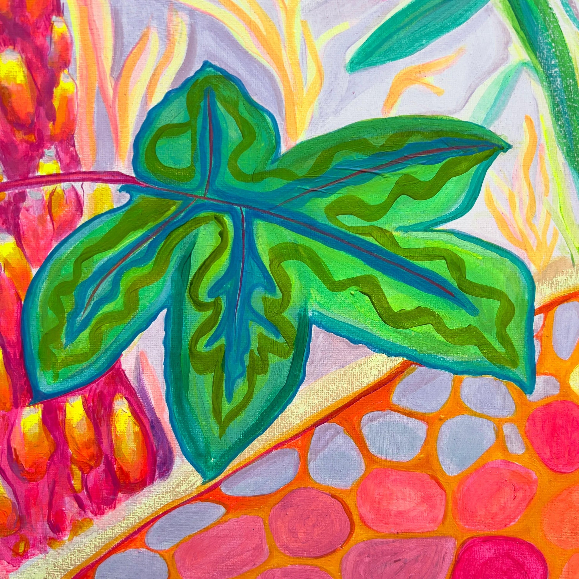 Abstract botanical painting featuring a bold green leaf with wavy patterns, surrounded by vibrant orange and pink shapes