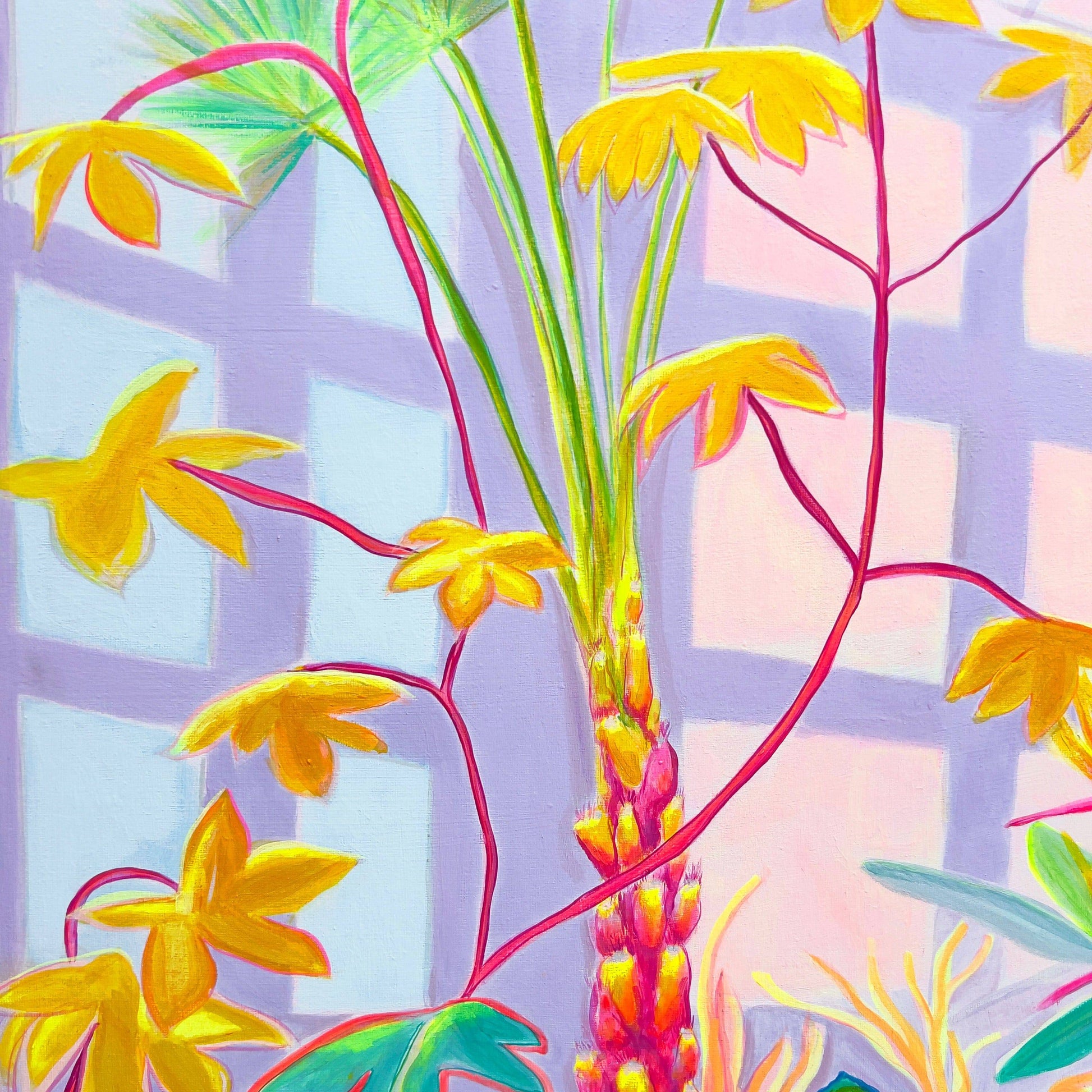Bright botanical painting by Kathryn Sillince featuring yellow leaves and pink stems against a pastel geometric background