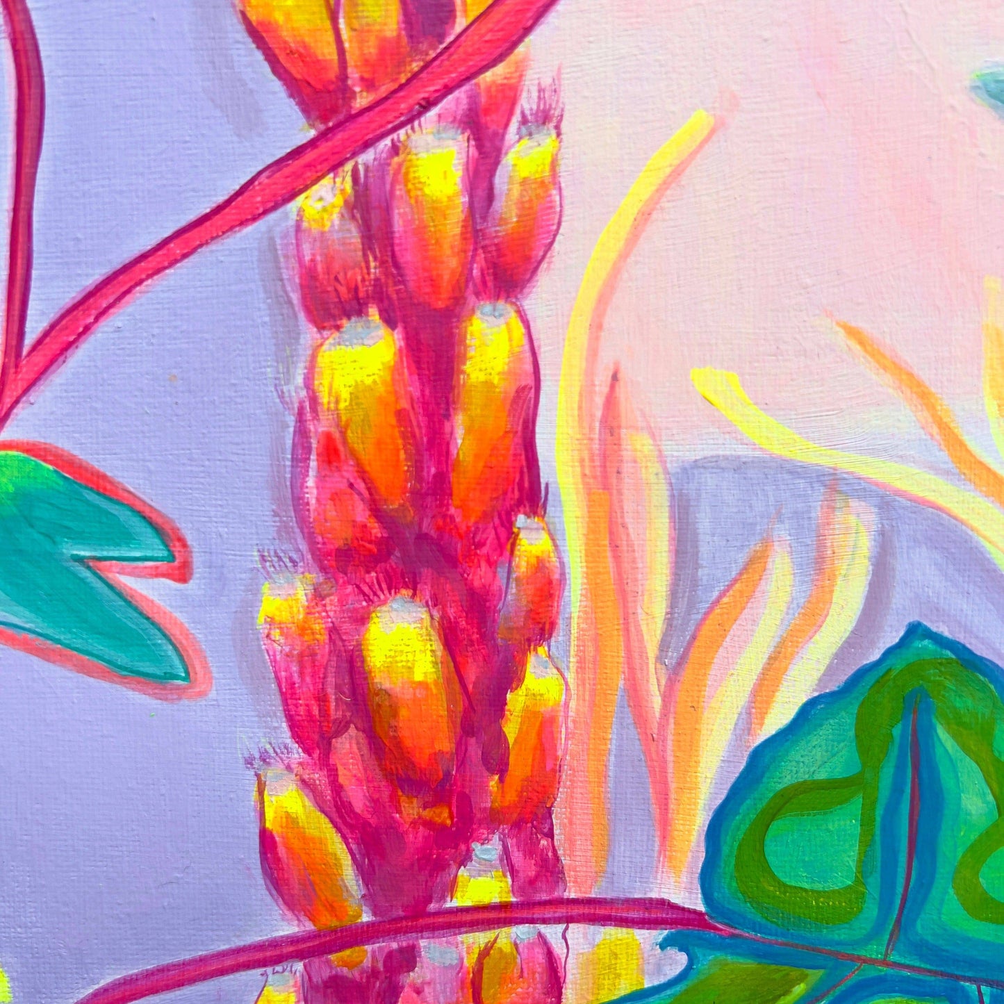 Abstract botanical painting with vibrant pink, yellow, and green floral elements on a lavender background by Kathryn Sillince