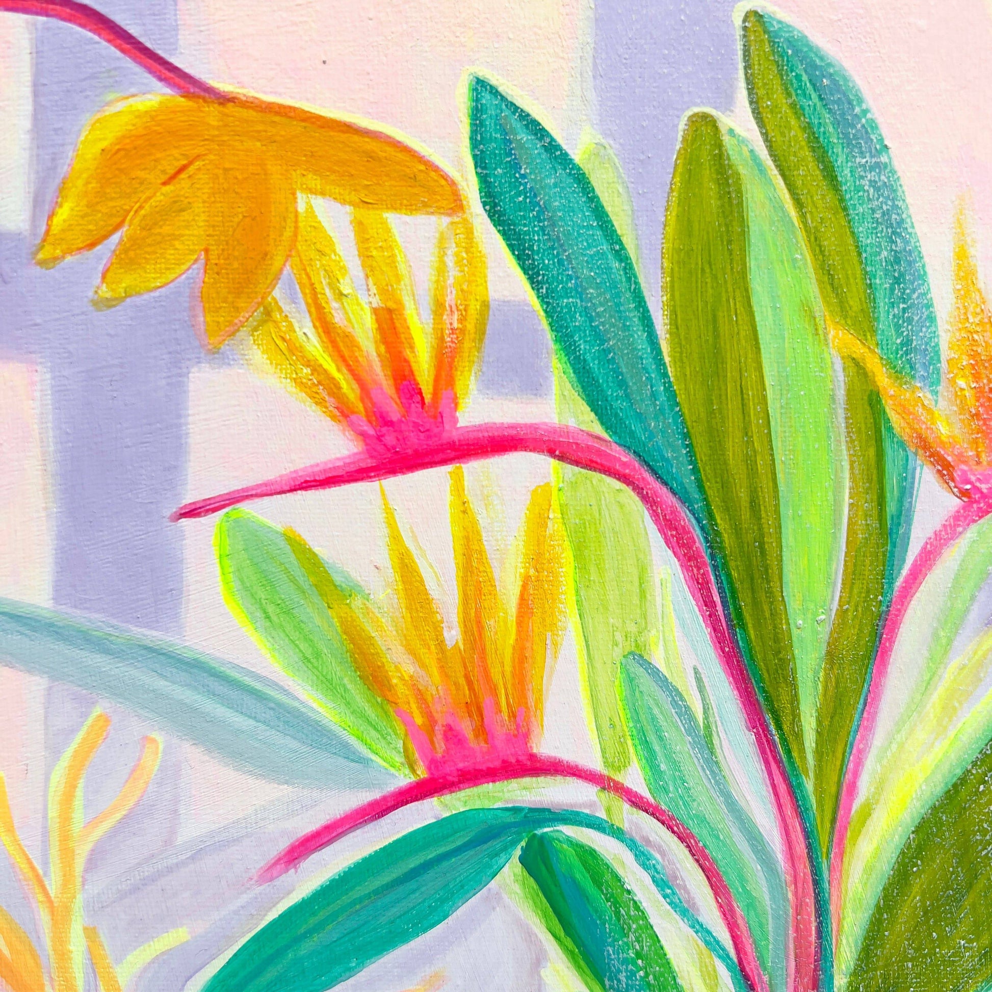 Abstract botanical painting with vibrant yellow flowers, green leaves, and pink stems by Kathryn Sillince