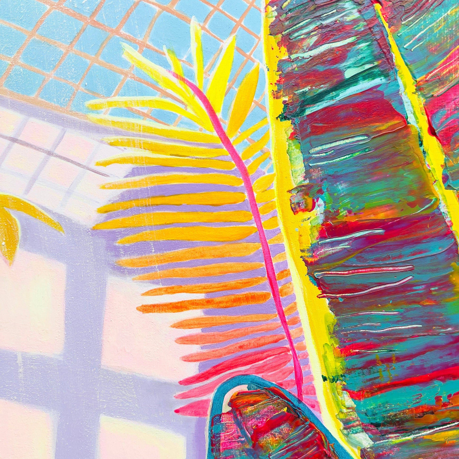 Abstract botanical painting with vibrant yellow, pink, and orange palm leaf and textured multicolor brushstrokes
