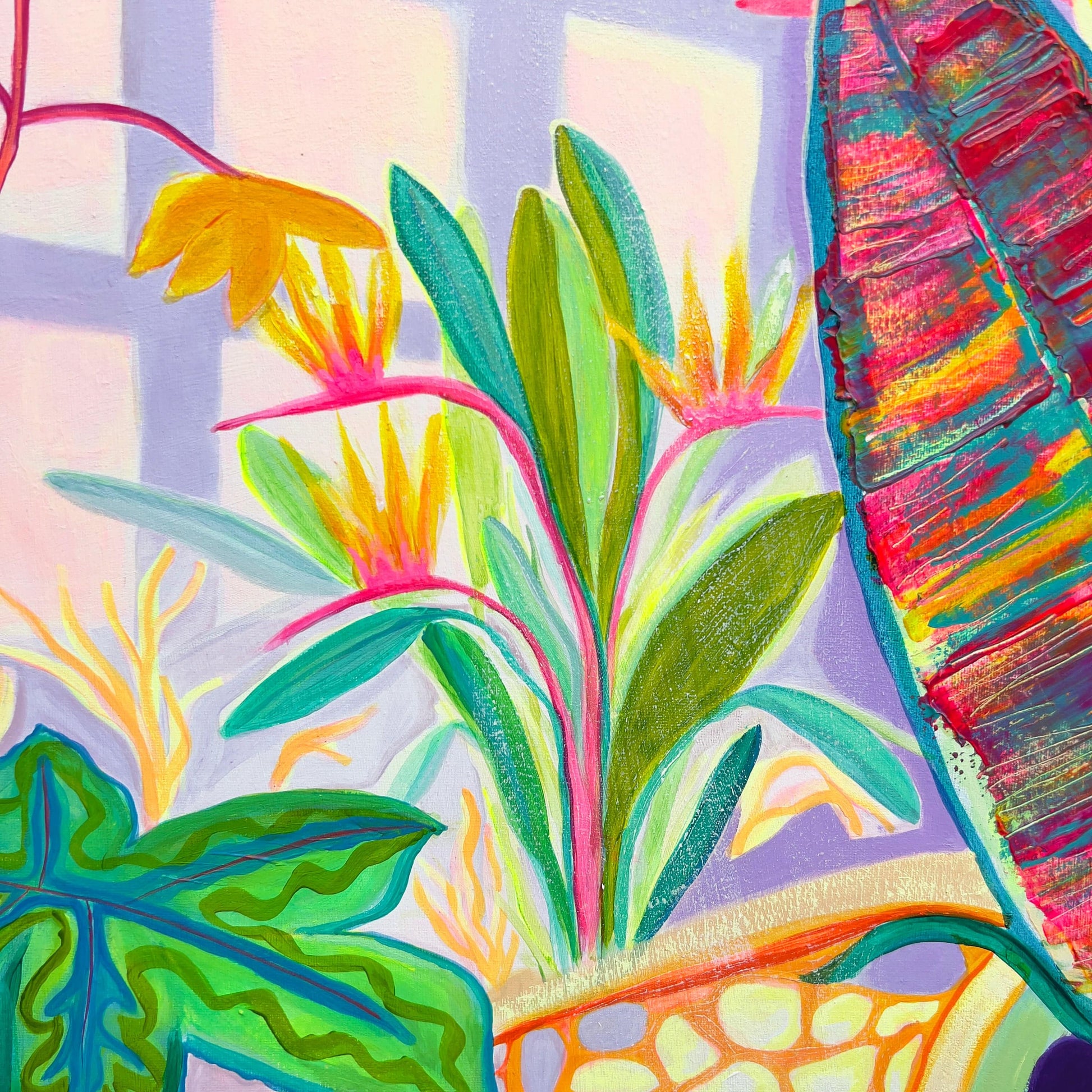 Colorful botanical painting with tropical leaves and flowers in bright yellows, greens, and reds by Kathryn Sillince