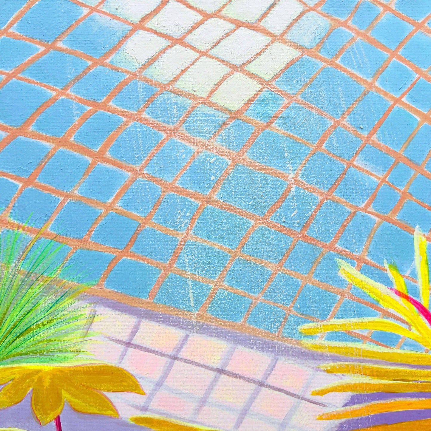 Abstract botanical painting with orange grid over blue sky, featuring bright yellow and green leaves by British artist Kathryn Sillince