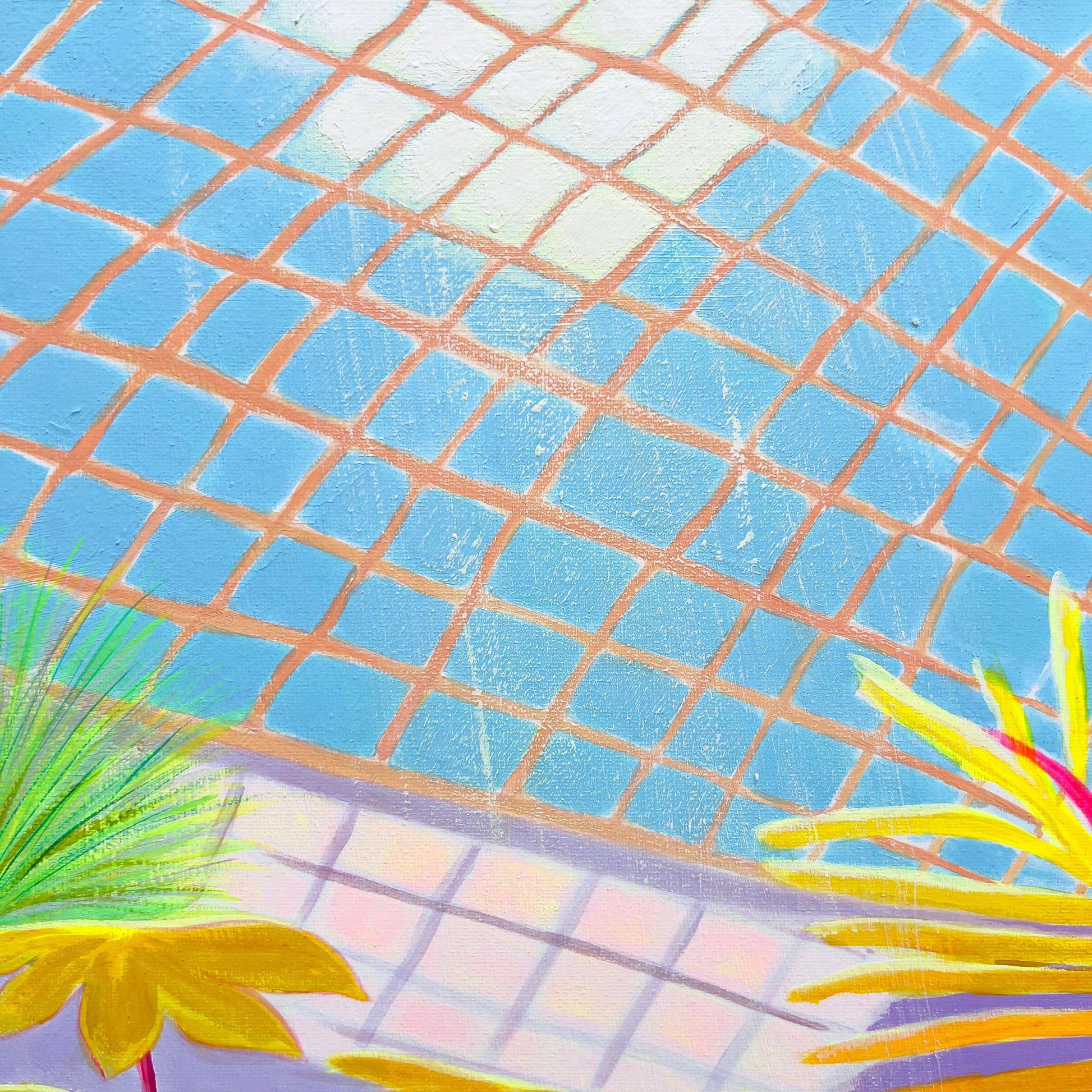 Abstract botanical painting with orange grid over blue sky, featuring bright yellow and green leaves by British artist Kathryn Sillince