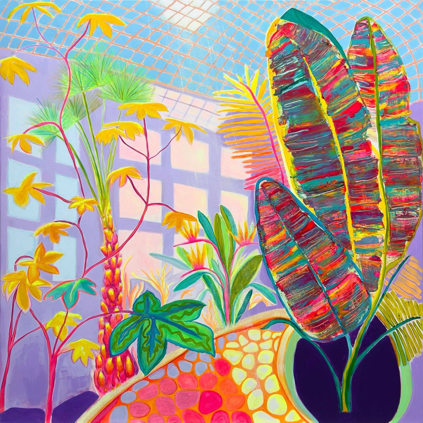 Colorful botanical abstract painting by Kathryn Sillince featuring vibrant tropical leaves and geometric patterns