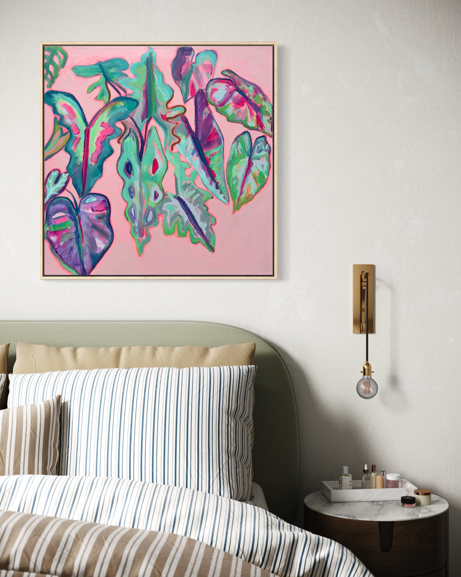 Alocasia Study III artwork by Kathryn Sillince, featuring vibrant botanical illustration on an 82cm by 82cm canvas.