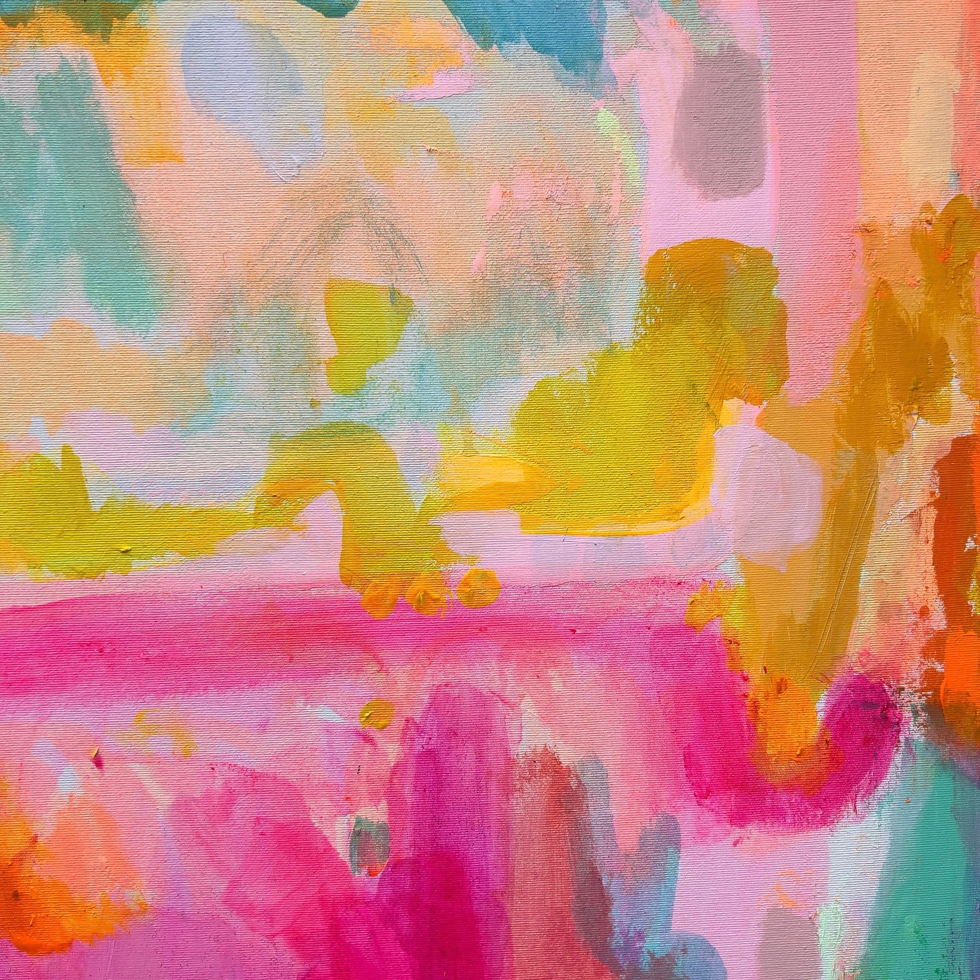 Kathryn Sillince Artist's summer-themed 80cm x 80cm artwork titled ‘Summer Loving’ featuring vibrant floral and abstract design.