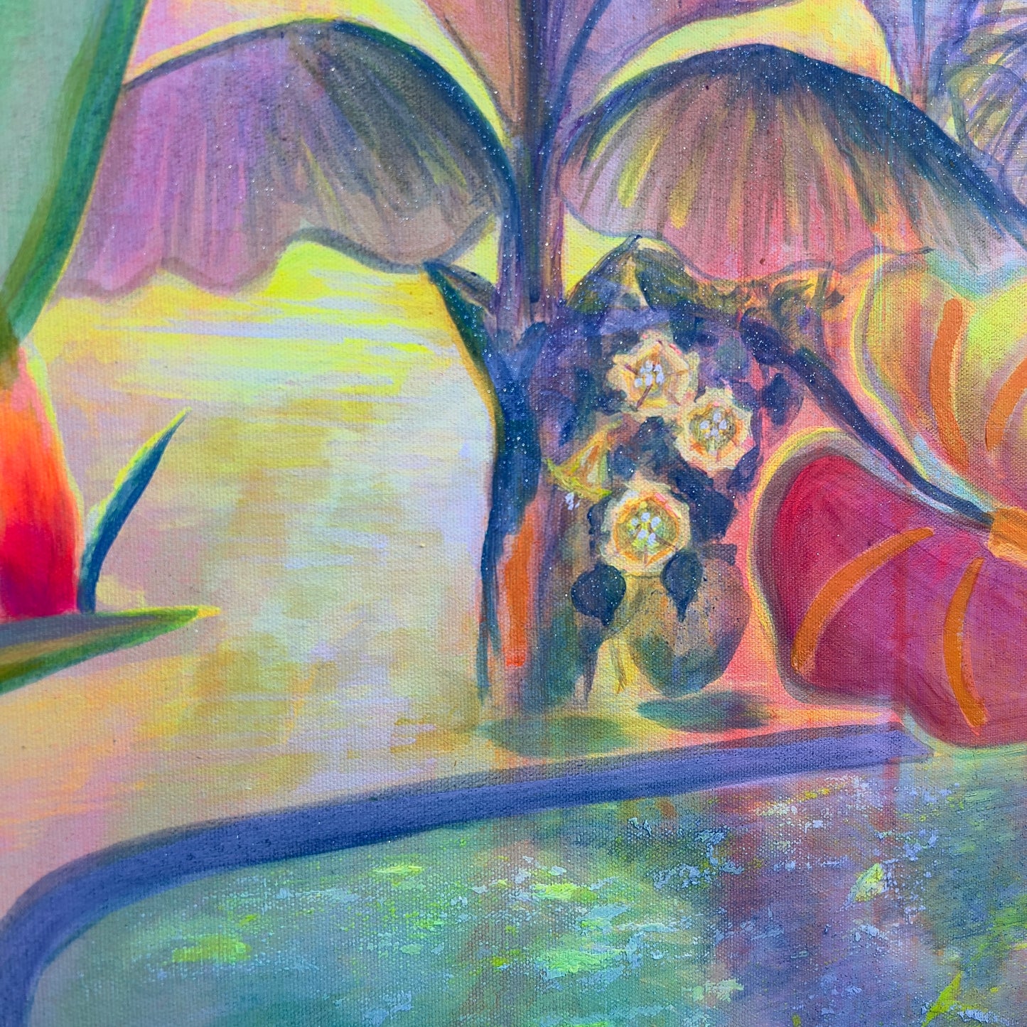 Iridescent Skies paper print by Kathryn Sillince, depicting a tranquil poolside scene with shimmering, colorful sky reflections.