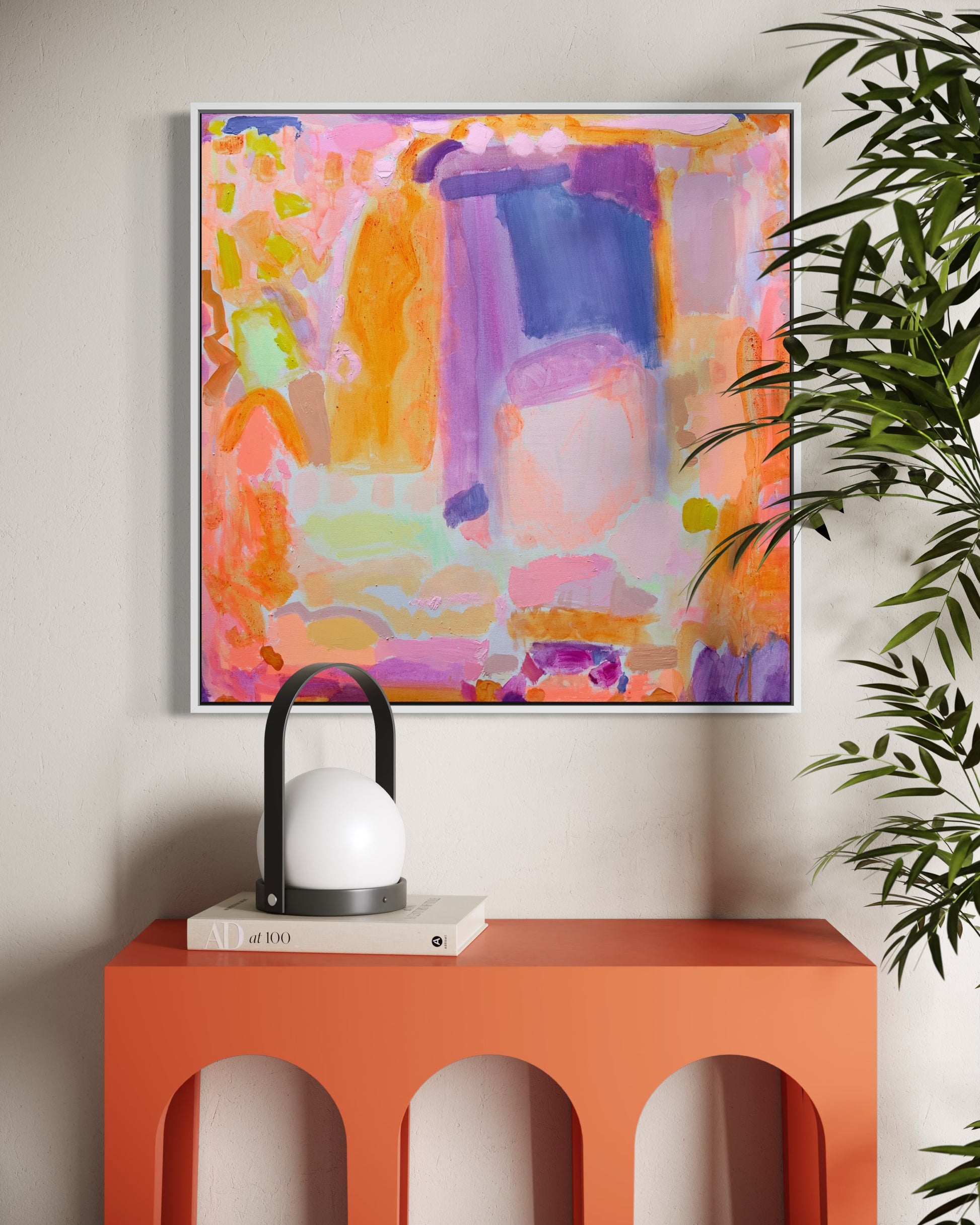 Abstract 90cm x 90cm artwork titled "A New Found Energy" by Kathryn Sillince Artist, featuring vibrant, dynamic brushstrokes and bold colors.