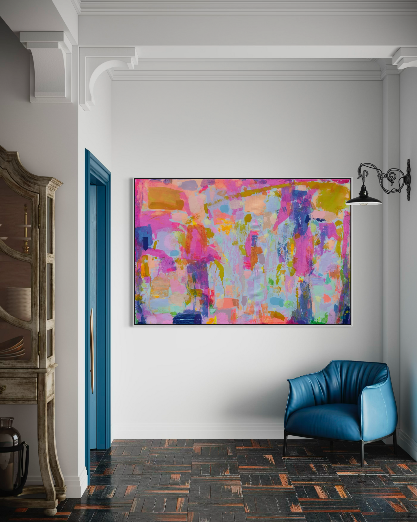 Colorful landscape painting by Kathryn Sillince Artist, titled Everyday Happiness, measuring 153cm by 103cm.