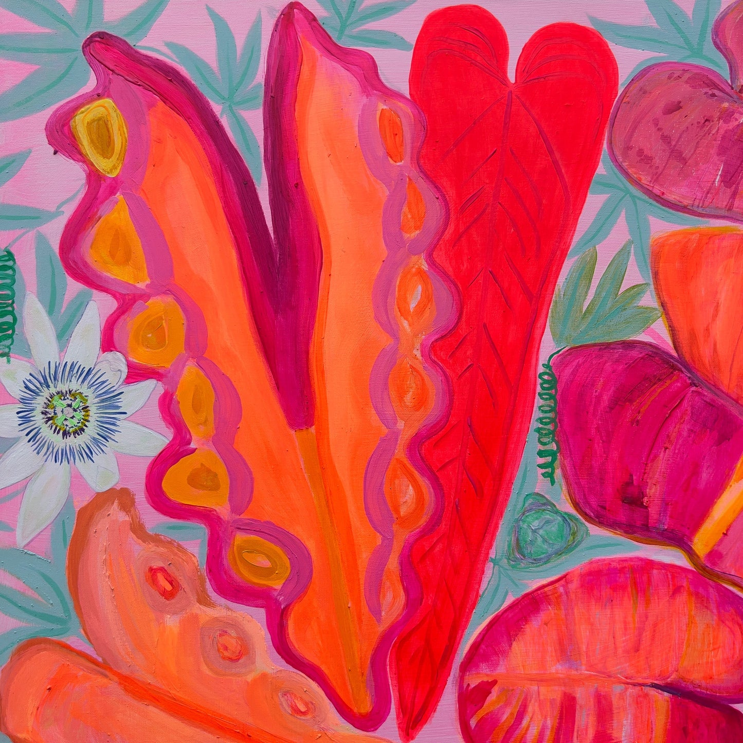 Better Together artwork by Kathryn Sillince, 102cm x 102cm, featuring a vibrant, detailed floral and botanical illustration.
