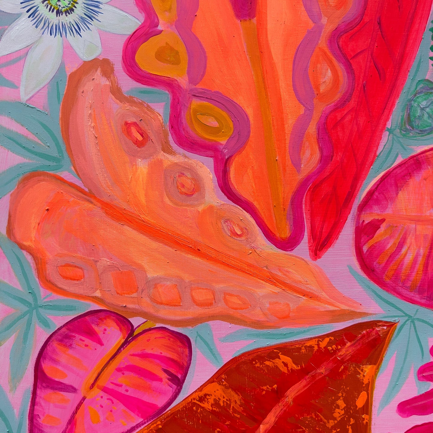 Better Together artwork by Kathryn Sillince, 102cm x 102cm, featuring vibrant abstract and floral elements in a colorful display.