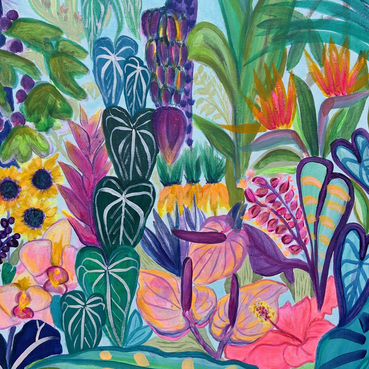 Colorful floral artwork by Kathryn Sillince Artist titled 'Paradise Gardens' on 122cm x 122cm canvas.