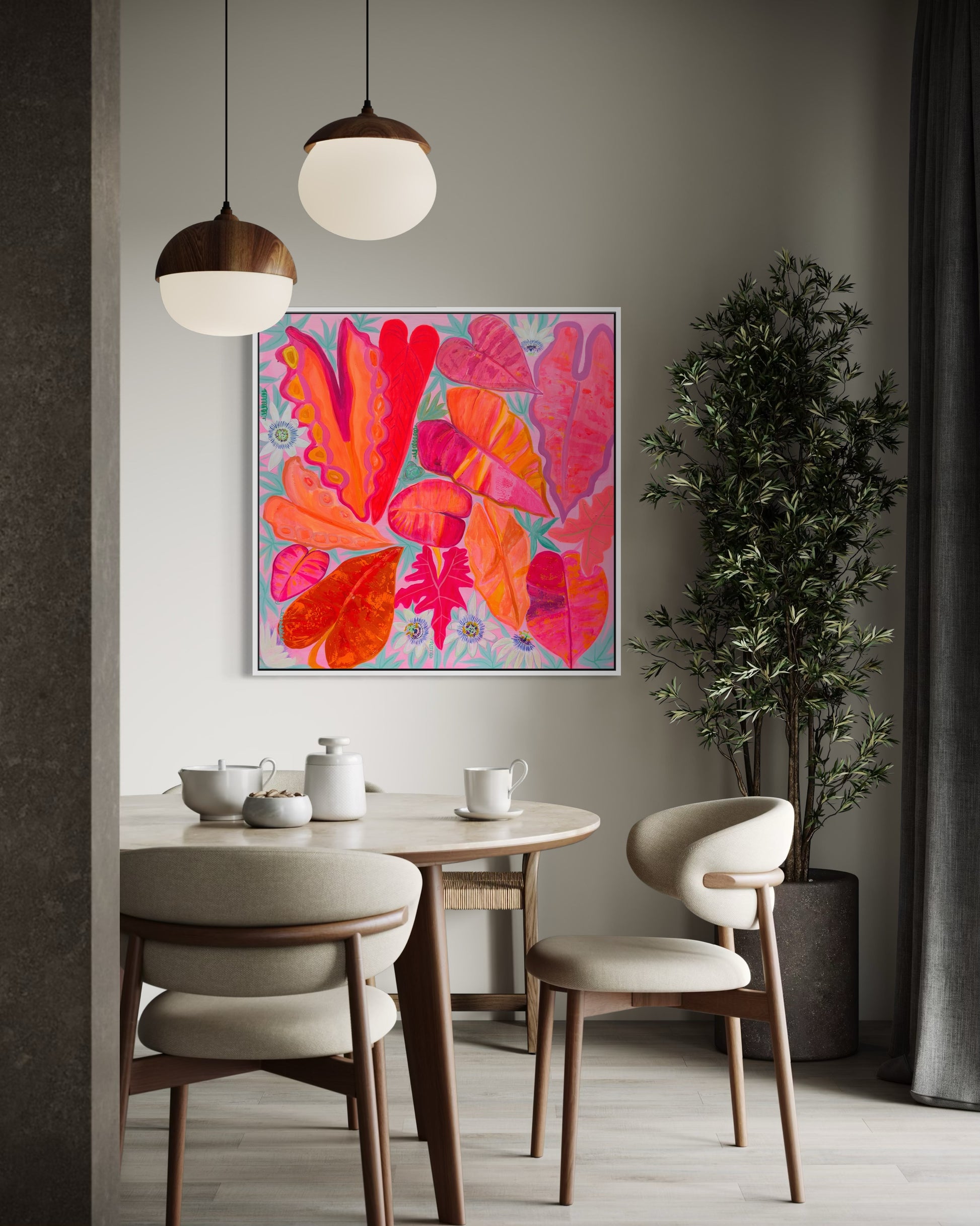 Close-up of the 'Better Together' artwork by Kathryn Sillince Artist, showing vibrant colors and detailed brushstrokes on a 102cm x 102cm canvas.