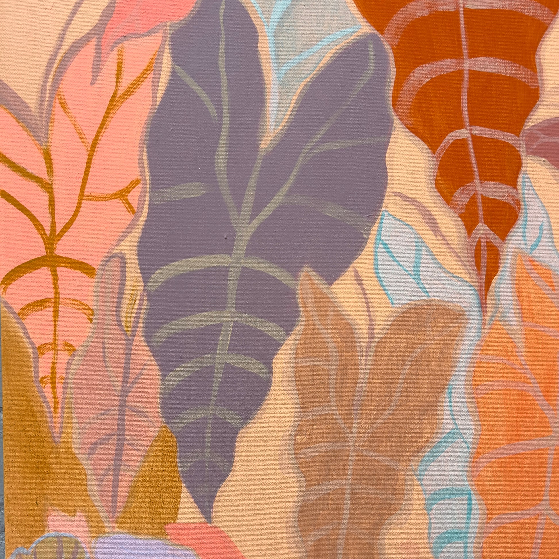 Botanical print set featuring peachy Alocasia plant illustrations by Kathryn Sillince Artist, displayed as a diptych art print.
